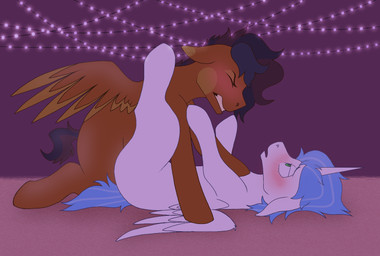 blush blush_lines duo green_eyes horn lights male male/male orange_body pinned sex string_lights white_body wings subby_lovey hasbro my_little_pony mythology blue_blunder fan_character equid equine mammal mythological_creature mythological_equine pegasus winged_unicorn hi_res