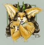 anthro covering covering_self female glamfur horn solo vera_(artist) vera_(vera) demon domestic_cat felid feline felis langurhali mammal bust_portrait low_res portrait