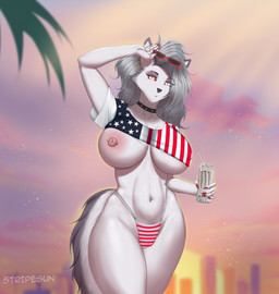 abs anthro beach beverage big_breasts breasts choker clothing collar ear_piercing ear_ring eyewear female hair high_waisted_bottomwear huge_breasts jewelry necklace nipple_piercing nipples palm_tree panties piercing plant ring_piercing shirt solo sunglasses sunset thick_thighs topwear tree underwear white_hair wide_hips sunstripe grand_theft_auto gta_vi_cover_girl hellaverse helluva_boss monster_energy rockstar_games loona_(helluva_boss) absurd_res hi_res