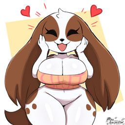anthro big_breasts black_nose blush bottomless bottomless_anthro bottomless_female breasts brown_body brown_fur brown_spots cleavage clothed clothed_anthro clothed_female clothing eyes_closed featureless_crotch female female_anthro floppy_ears fur geometric_background hand_on_cheek hand_on_face head_tuft heart_symbol huge_breasts huge_thighs markings open_mouth orange_clothing orange_shirt orange_topwear shirt shortstack shortstack_female simple_background smile solo spots spotted_body spotted_fur text text_on_clothing text_on_shirt text_on_topwear thick_thighs topwear tuft white_body white_fur wide_hips miso_souperstar mocha_(miso_souperstar) bird_dog canid canine canis cavalier_king_charles_spaniel domestic_dog hunting_dog mammal spaniel toy_dog 1:1 2026 absurd_res digital_media_(artwork) english_text hi_res