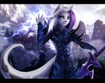 ambiguous_gender anthro black_bars blue_eyes detailed_background hair holding_object holding_weapon purple_hair solo standing weapon white_hair juliathedragoncat hybrid digital_media_(artwork)