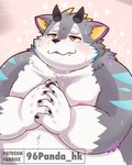 anthro belly blush bodily_fluids fur grey_body grey_fur horn male nipples obese overweight smile solo tears 96panda lifewonders tokyo_afterschool_summoners belphegor_(tas) demon