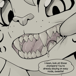 anthro bodily_fluids close-up dialogue drooling duo eyelashes face_closeup female holding_mouth holding_mouth_open obscured_face offscreen_female open_mouth opening_mouth paws pigtails pink_insides pink_tongue pulling_mouth saliva saliva_on_finger sharp_teeth snout speech_bubble teeth text tongue twintails_(hairstyle) whisker_spots muhny chloe_(muhny) kim_(muhny) domestic_cat felid feline felis mammal english_text sketch