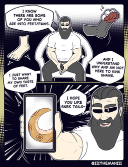 beard black_sclera brown_body brown_scales cellphone dialogue electronics eyebrows facial_hair feet grey_body lawn_chair male muscular muscular_male open_mouth pawpads paws phone raised_eyebrow scales solo speech_bubble talking_to_viewer text the_man the_man_(character) human mammal reptile scalie snake absurd_res comic english_text hi_res