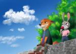 anthro bottomwear clothed clothing cloud female food fully_clothed fur green_eyes holding_food holding_object male necktie outside pants pawpsicle plant popsicle purple_eyes shirt simple_background sky topwear tree takatmadisney disney zootopia judy_hopps nick_wilde canid canine fox lagomorph leporid mammal rabbit red_fox true_fox 2018 hi_res