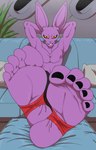 anthro barefoot clothing detailed_background feet foot_focus male soles solo stirrup_footwear foot_ninja15 dragon_ball dragon_ball_super dyspo lagomorph leporid mammal rabbit absurd_res digital_drawing_(artwork) digital_media_(artwork) hi_res