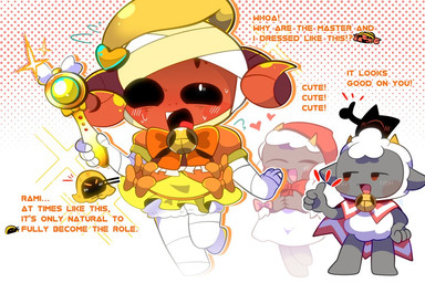 alternative_fashion ambiguous_gender anthro bell bell_collar black_eyes cape clothed clothing collar dialogue female fur gesture grey_body group hand_gesture holding_object hood horn j-fashion lolita_(fashion) magical_girl_outfit open_mouth red_body red_hood red_horn smile sweet_lolita text thumbs_up white_body white_fur wool_(fur) yellow_horn mamelaboratory cult_of_the_lamb massive_monster_(studio) kudaai_(cult_of_the_lamb) lamb_(cult_of_the_lamb) rami_(cult_of_the_lamb) red_crown_(cult_of_the_lamb) temi_(cult_of_the_lamb) anatid anseriform avian bird bovid caprine duck mammal sheep 2026 english_text