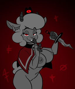 4_fingers anthro areola bedroom_eyes bell bell_collar big_breasts breasts clothing collar cosplay crossover_cosplay crown dagger ear_piercing eyelashes female fingers front_view headgear holding_dagger holding_melee_weapon holding_object holding_weapon hooved_fingers hooves horn looking_at_viewer melee_weapon mostly_nude narrowed_eyes navel nipples nude piercing pose presenting presenting_breasts red_eyes seductive shush simple_background smile smiling_at_viewer solo text torn_clothing weapon ultrahyper beat_banger bunfan_games cult_of_the_lamb massive_monster_(studio) dawna_mabel lamb_(cult_of_the_lamb) red_crown_(cult_of_the_lamb) bovid caprine mammal sheep 2023 crossover digital_drawing_(artwork) digital_media_(artwork) hi_res pinup