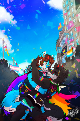 accessory cape clothing duo ear_piercing ear_ring hair_accessory lgbt_pride male male/male palestine parade piercing pride_color_accessory pride_color_background pride_color_clothing pride_color_flag pride_colors ring_piercing simple_background transgender_pride_colors vincian_pride_colors mrdarknesswolf lgbt_pride_month dantalos mrdarknesswolf_(character) canid canine canis demon hybrid mammal wolf absurd_res hi_res