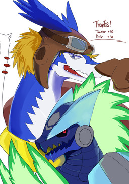 ambiguous_form ambiguous_gender aviator_cap aviator_goggles black_sclera blonde_hair blue_body blue_eyes blue_fur brown_clothing brown_gloves brown_handwear brown_headgear brown_headwear brown_text clothing countershade_body countershade_neck countershading cybernetics duo eyewear eyewear_on_head fur furgonomic_headwear furgonomics gloves goggles goggles_on_head goggles_on_headwear hair half-closed_eyes handwear headgear headwear kemono long_neck looking_at_another looking_down looking_down_at_another machine monotone_background narrowed_eyes open_mouth open_smile pupils red_eyes scales simple_background smile snout text thank_you_message white_background white_body sabamiso_(sabamasasix) capcom legendz mega_man_(series) mega_man_star_force mythology omega-xis shiron cyborg dragon em_being mythological_creature mythological_scalie scalie windragon 2018 digital_media_(artwork) english_text hi_res japanese_description translation_request