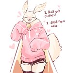 anthro bell bell_collar biped black_boxers black_clothing black_underwear blush boxers_(clothing) clothing collar eyes_closed femboy fur heart_symbol hoodie legwear looking_at_viewer male oversized_clothing oversized_hoodie oversized_topwear pink_clothing pink_hoodie pink_topwear slim_anthro slim_male solo standing talking_to_viewer text thigh_highs topwear underwear white_body white_fur bunonthemoon arthropod insect lepidopteran moth 2024 english_text hi_res