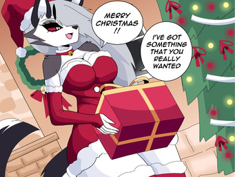 5_fingers anthro black_nose breasts christmas_clothing christmas_headwear christmas_present christmas_tree clothing dialogue female fingers fur gift grey_body grey_fur hat headgear headwear holidays merry_christmas open_mouth plant red_sclera santa_hat solo speech_bubble tail text tongue tree white_body white_eyes white_fur carliabot christmas hellaverse helluva_boss mythology loona_(helluva_boss) canid canid_demon canine demon hellhound mammal mythological_canine mythological_creature 2025 4:3 english_text gynomorph_(lore)
