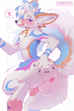 anthro anus balls biped blush butt claws feet fingers fur genitals hair looking_at_viewer male nude nude_anthro nude_male paws penis rear_view smile solo tail toes tongue danomil canid canine canis fox hybrid mammal wolf 2026 digital_drawing_(artwork) digital_media_(artwork) hi_res