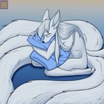 5_tails anthro black_nose eyes_closed female fur gradient_background hair hug hugging_object hugging_pillow multi_tail nude pillow simple_background solo tail white_body white_fur white_hair foxenawolf krinele_fullin canid canine dreamspinner fox mammal 1:1