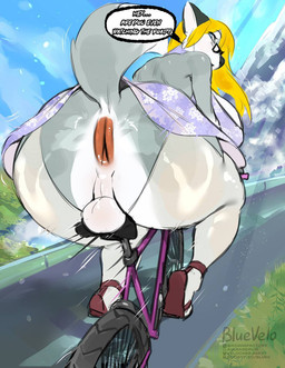 anthro anus anus_focus backsack balls balls_focus bicycle big_anus big_breasts big_butt blonde_hair breasts butt butt_focus clothed clothed_anthro clothed_gynomorph clothing dress ellipsis eyewear footwear fur genitals glasses grass grey_body grey_fur gynomorph hair intersex looking_at_viewer looking_back looking_back_at_viewer no_underwear outside plant pointy_ears prick_ears riding_bike road sky solo speech_bubble tail talking_to_viewer text vehicle white_body white_fur bluevelo sarah_van_fiepland canid canine canis mammal wolf 2025 artist_name digital_media_(artwork) english_text hi_res