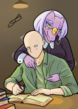 anthro blue_background blush blush_lines bodily_fluids book clothed clothed_anthro clothed_female clothed_human clothed_male clothing duo eyelashes eyewear facial_horn female fingers front_view glasses green_clothing green_jacket green_shirt green_topwear grey_hair hair hand_on_chest holding_object holding_pen horn human_on_anthro humanoid_hands interspecies jacket long_eyelashes looking_at_another looking_down male male/female mature_anthro mature_female medium_hair motion_lines nervous open_clothing open_jacket open_topwear pen purple_body seductive shirt simple_background sitting smile student studying sweat sweatdrop teacher teacher_and_student tear_trough topwear unprofessional_behavior wide_eyed yellow_eyes bass1l1ssc0 cavemanon_studios goodbye_volcano_high ko_op_(game_developer) snoot_game anon_(snoot_game) mrs._roberts_(gvh) ceratosaurid ceratosaurus dinosaur human mammal prehistoric_species reptile saurischian scalie theropod colored hi_res shaded signature