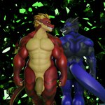 anthro balls dergdrister dragon drister_(dergdrister) duo fist genitals looking_at_another love_handles male male/male muscular musular mythological_creature mythological_scalie mythology nude penis scalie simple_background slightly_chubby smile unnamed_character