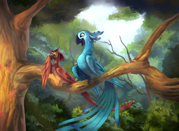 avian_feet beak blue_body blue_feathers claws duo eyewear feather_growth feathered_wings feathers female feral forest glasses growth open_mouth outside perching plant rainforest red_body red_feathers size_difference tail tail_feathers tree wings ruffu blue_sky_studios rio_(series) rio_2016 jewel_(rio) linda_gunderson ara_(genus) avian bird macaw mammal neotropical_parrot parrot scarlet_macaw spix's_macaw true_parrot hi_res