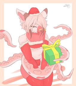 5_tails accessory anthro bulge christmas_clothing christmas_headwear clothing femboy gift hat headgear headwear holidays kneeling looking_at_viewer male multi_tail multicolored_body santa_hat solo tail tentacles two_tone_body 4uka christmas calm_(4uka) domestic_cat felid feline felis mammal hi_res