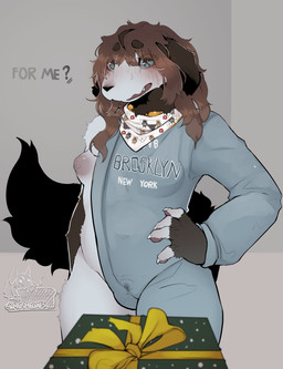 anthro areola asymmetrical_clothing bodily_fluids breasts brown_hair chastity_bulge chastity_cage chastity_device christmas_present embarrassing_nudity exposed_breasts female floppy_ears genital_fluids gift hair hand_on_hip holidays lactating leaking_milk leaking_precum leaking_through_clothing milk precum puffy_areola question question_mark questioning scarf solo sweat sweatdrop text hushloafs brooklyn_sweater christmas hush_(hushloafs) canid canine mammal english_text hi_res trans_(lore)