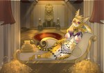 accessory amethyst_(gem) anklet anthro areola arm_support bedroom_eyes big_areola big_breasts biped blonde_hair breasts clothing crown curvy_figure egyptian egyptian_clothing egyptian_headdress female female_anthro fur furgonomics gem gold_(metal) hair hand_on_hip headgear jewelry leaning_on_elbow lying markings mostly_nude narrowed_eyes necklace nipples on_side pharaoh pink_nipples purple_eyes purple_hair queen ring royalty rug seat seductive slightly_chubby solo spots spotted_markings tail tail_accessory tail_jewelry tail_ring tiara treasure treasure_hoard voluptuous white_body white_fur wide_hips yellow_body yellow_fur greenzlie nachita_the_serval queen_basatet felid feline mammal serval absurd_res hi_res