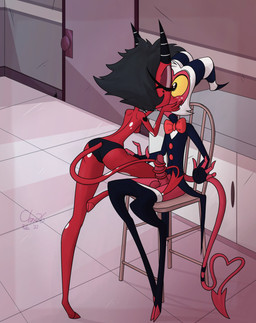 balls black_hair bodily_fluids bottomwear bottomwear_down canon_couple chair clothed clothing duo female furniture genital_fluids genitals glans hair heart_(marking) horn humanoid_genitalia humanoid_penis intraspecies kissing male male/female markings not_furry panties panties_only pants pants_down partially_clothed penis precum red_balls red_body red_glans red_penis red_skin sex sitting spade_tail tail tail_around_penis tail_fetish tail_play tail_sex tailjob topless underwear underwear_only white_hair clone26 hellaverse helluva_boss millie_(helluva_boss) moxxie_(helluva_boss) demon demon_humanoid humanoid imp tailed_humanoid 2021 absurd_res dated hi_res