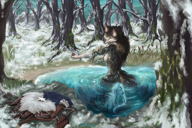 anthro bathing black_nose breasts brown_body brown_fur eyes_closed female forest forest_background fur half_submerged hot_spring multicolored_body multicolored_fur nature nature_background nude nude_anthro nude_female outdoor_nudity outside plant side_boob snow solo tree two_tone_body two_tone_fur water white_body white_fur pterotired armello league_of_geeks river_(armello) canid canine canis mammal wolf 3:2 absurd_res digital_media_(artwork) digital_painting_(artwork) hi_res painting_(artwork)