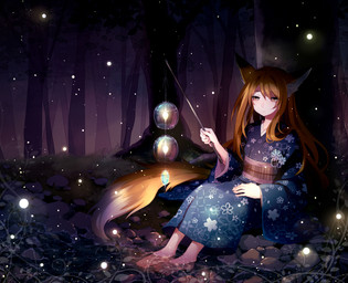 anthro biped detailed_background female forest kemono lamp lantern nature night outside plant pond scenery sitting solo tail tree hoshiyui_tsukino ambient_arthropod ambient_firefly ambient_insect arthropod canid canine fox mammal hi_res