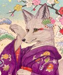 accessory anthro asian_clothing black_nose clothing dipstick_ears ear_markings east_asian_clothing female flower flower_in_hair fur hair hair_accessory handpaw japanese_clothing kimono multicolored_ears paws plant realistic_fur solo whiskers white_body white_fur yellow_eyes kaho_nishikawa canid canine fox mammal hi_res painting_(artwork) traditional_media_(artwork)