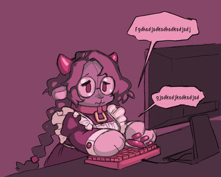 anthro braided_hair clothing collar computer_keyboard computer_monitor eyewear female frilly frilly_clothing glasses hair horn keysmash_text maid_uniform pawpads plushie round_glasses simple_background solo speech_bubble uniform worried chimeracauldron joan?_(chimeracauldron) animate_inanimate bovid caprine felid goat hybrid living_plushie mammal 2023 digital_media_(artwork) trans_(lore) trans_woman_(lore)