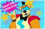 anthro black_nose blue_eyes bow_tie bracelet buckteeth clothing ear_piercing finger_gun fingers gesture hand_gesture hat headgear headwear jewelry makeup male one_eye_closed piercing red_piercing round_ears solo star_symbol teeth text top_hat wink p_rindustries five_nights_at_freddy's five_nights_at_freddy's:_security_breach scottgames steel_wool_studios glamrock_freddy bear mammal 2021 signature