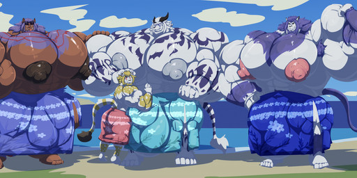 5_fingers 5_toes anthro armpit_hair balls beach big_balls big_muscles big_pecs big_penis black_body black_nipples blue_markings body_hair cloud day eyewear fangs feet fingers flexing genitals gesture grin group hand_gesture horn hug huge_balls huge_muscles huge_pecs huge_penis hyper hyper_balls hyper_genitalia hyper_muscles hyper_pecs hyper_penis looking_at_viewer male markings muscular nipples pecs penis pink_nipples plantigrade sea seaside size_difference sky smile standing sunglasses teeth thumbs_up toes tongue tongue_out towel towel_only water white_nipples bobert final_fantasy final_fantasy_xiv square_enix felid hrothgar lion mammal pantherine 2021