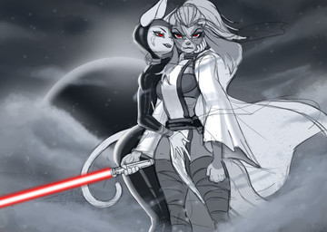 anthro bodysuit breasts clothed clothing corruption duo female female/female holding_object holding_weapon lightsaber looking_at_viewer melee_weapon red_eyes red_lightsaber sith sith_lord skinsuit tight_clothing weapon dclzexon star_wars chowsie lucy_(dclzexon) canid canine canis domestic_cat domestic_dog felid feline felis mammal 2017 hi_res