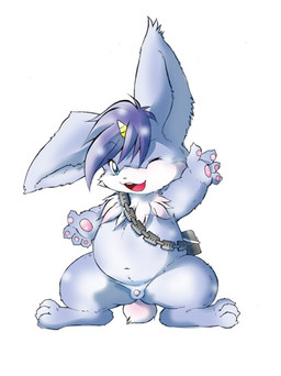 anthro blue_hair flaccid genitals hair horn male nude one_eye_closed overweight overweight_anthro overweight_male penis slightly_chubby smile solo tail wink chibineco al-mi'raj lagomorph leporid mammal rabbit source_request