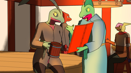 actor actress bottomwear camera cloth clothed clothing collar female graze group lamp lantern leash loincloth male rafaehl robe script tavern tutankabron2uv nintendo pokemon charmeleon generation_1_pokemon generation_3_pokemon generation_6_pokemon greninja grovyle pokemon_(species) 16:9 hi_res widescreen