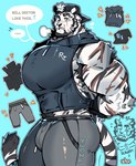 anthro big_chest big_muscles big_pecs body_hair clothing happy_trail hat headgear headwear huge_muscles huge_pecs male muscular pecs scar solo text tight_clothing graysheartart arknights hypergryph studio_montagne mountain_(arknights) english_text hi_res