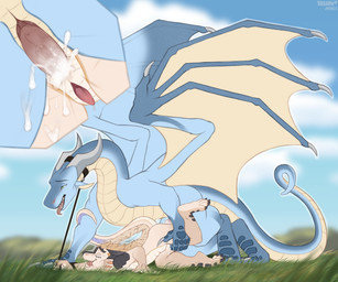 4_toes 5_fingers anal anal_penetration animal_genitalia anthro anthro_on_feral anthro_penetrated belly bestiality black_body black_claws black_collar black_horn black_scales blonde_hair blue_body blue_ears blue_scales blue_sky bodily_fluids claws close-up cloud collar cum cum_drip cum_dripping_on_floor cum_from_ass cum_in_ass cum_inside cum_on_belly cum_on_body digitigrade dripping duo erection eyelashes eyes_closed feet feral feral_penetrating feral_penetrating_anthro fingers forked_tongue fur genital_fluids genital_slit genitals gold_accessory gold_scales gradient_arms gradient_hair gradient_legs gradient_limbs grass green_eyes green_grass grey_horn hair half-erect holding_partner's_leg horn leaking_precum leash leash_pull leashed_collar long_tail lying male male/male male_feral male_on_feral male_penetrated male_penetrating male_penetrating_male markings membrane_(anatomy) membranous_wings multicolored_body narrowed_eyes nude on_front open_mouth orgasm orgasm_face outside outside_sex paws penetration penile penile_spines penis pink_penis pink_tongue plant plantigrade precum precum_drip purple_eyes purple_hair quadruped raised_hand raised_leg scales sex side_view size_difference sky slit_penis tail tail_wrapped_around tail_wrapped_around_arm tan_belly tan_ears tan_wings teeth toes tongue two_tone_body white_belly white_body white_eyelashes wings rhaelrhaelrasputin mythology cett_(coldmanmoran) dragon mythological_creature mythological_scalie scalie 6:5 absurd_res hi_res