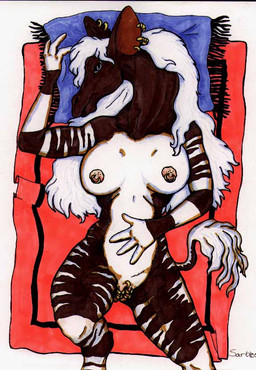 anthro biped breasts clitoral_hood_piercing clitoris clitoris_piercing ear_piercing female genital_piercing genitals labia_majora_piercing labia_piercing looking_at_viewer lying nipple_piercing nipples nude on_back piercing solo tail vch_piercing vulva vulva_piercing caribou_(artist) giraffid mammal okapi