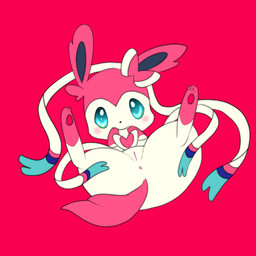anus blue_eyes blush female feral genitals looking_at_viewer lying on_back pawpads paws red_background ribbons simple_background smile solo spread_legs spreading vulva white_body ラル nintendo pokemon eeveelution generation_6_pokemon pokemon_(species) sylveon 1:1 2015