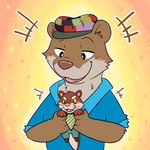 anthro biped blush brown_body carrying_another chibi clothing duo hat headgear headwear kemono male micro necktie pink_nose shirt topwear keeperaft brok_the_investigator cowcat_games dr._mink mammal mink mustelid musteline true_musteline weasel 1:1 2023