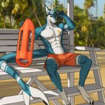 anthro beach bench clothing coconut_tree eyewear fruit_tree glasses lifeguard male muscular muscular_anthro muscular_male palm_tree plant sand solo swimming_trunks swimwear tree techiesxc fish marine shark 1:1 digital_media_(artwork) hi_res