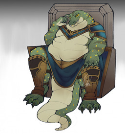 anthro armor belly big_belly black_sclera bottomwear chair clothing furniture green_body green_eyes loincloth male moobs overweight overweight_male sharp_teeth sitting solo teeth throne asanjawa egyptian_mythology middle_eastern_mythology mythology sobek crocodile crocodilian reptile scalie hi_res