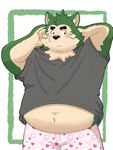 anthro black_nose blush boxers_(clothing) clothing green_body kemono male overweight overweight_male shirt simple_background solo topwear underwear yaki_atsuage lifewonders live_a_hero mokdai canid canine canis domestic_dog mammal 2025 absurd_res hi_res