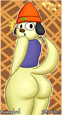 anthro beanie big_butt bottomless butt clothed clothing floppy_ears hat headgear headwear huge_butt looking_at_viewer looking_back lop_ears male pantsless shocked solo tail honeybud parappa_the_rapper sony_corporation sony_interactive_entertainment parappa canid canine mammal absurd_res hi_res