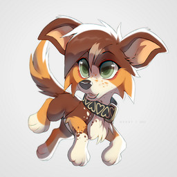 big_eyes black_nose brown_body brown_fur brown_hair cheek_tuft chibi collar collar_only dipstick_tail eyelashes facial_tuft female feral feral_with_hair freckled_face freckles fur green_eyes grey_background hair markings nude open_mouth orange_markings short_hair simple_background snout solo spot_freckles spots spotted_body spotted_fur spotted_markings tail tail_markings teeth tuft wearing_collar white_background white_body white_fur azzai australian_shepherd canid canine canis domestic_dog herding_dog mammal pastoral_dog sheepdog 1:1 2022 colored digital_drawing_(artwork) digital_media_(artwork) shaded