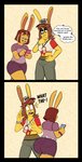 anthro butt clothing duo female hat headgear headwear napkin text text_on_clothing text_on_hat text_on_headwear ponehanon big_bun_burgers claire_(ponehanon) layla_(ponehanon) lagomorph leporid mammal rabbit absurd_res english_text hi_res