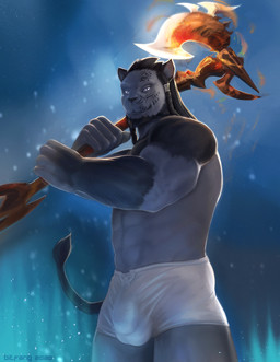 5_fingers abs anthro axe battle_axe black_hair bulge clothed clothing facial_markings fingers hair head_markings looking_at_viewer male markings melee_weapon muscular muscular_anthro muscular_male pupils slit_pupils solo topless underwear weapon bitfang final_fantasy final_fantasy_xiv square_enix felid hrothgar mammal 2020 absurd_res hi_res