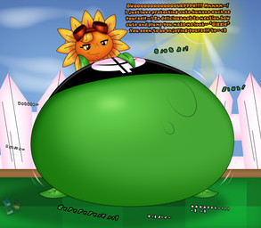 belly big_belly black_clothing black_eyes black_shirt black_topwear blonde_hair blue_sky clothing cloud dialogue enjoying eyelashes eyewear eyewear_on_head female fence flower freckled_face freckles goggles goggles_on_head grass green_body hair hand_on_belly hand_on_own_belly huge_belly hyper hyper_belly leaf leaf_arms leaf_legs logo looking_at_belly looking_at_own_belly looking_down looking_down_at_self motion_lines not_furry onomatopoeia orange_face outside petal_hair petals plant pseudo_hair red_eyewear red_goggles rumbling_stomach shirt sky slosh sloshing_belly smile solo sound_effects sun talking_to_another text three-quarter_view topwear vore yellow_petals yellow_sclera fancy_blue electronic_arts plants_vs._zombies plants_vs._zombies_heroes popcap_games solar_flare_(pvz) elemental_creature flora_fauna flower_creature sunflower_(pvz) 2026 absurd_res artist_logo colored digital_media_(artwork) english_text hi_res shaded