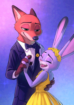 anthro black_tie_(suit) bottomwear bow_tie clothed clothing dancing dress duo ears_up female female_anthro flower flower_crown fur grey_body grey_fur half-closed_eyes hand_holding happy interspecies larger_male looking_at_another male male/female male_anthro narrowed_eyes open_mouth orange_body pants plant romantic romantic_ambiance simple_background size_difference smaller_female smile standing suit tail tender topwear nyeong disney zootopia judy_hopps nick_wilde canid canine canis european_rabbit fox lagomorph leporid mammal oryctolagus rabbit red_fox true_fox digital_media_(artwork) hi_res