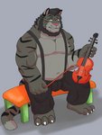 anthro belly black_body black_fur bottomwear clothing fur humanoid_hands kemono male moobs musical_instrument navel overweight overweight_anthro overweight_male pants simple_background solo hokolee32 felid feline mammal 2020 3:4